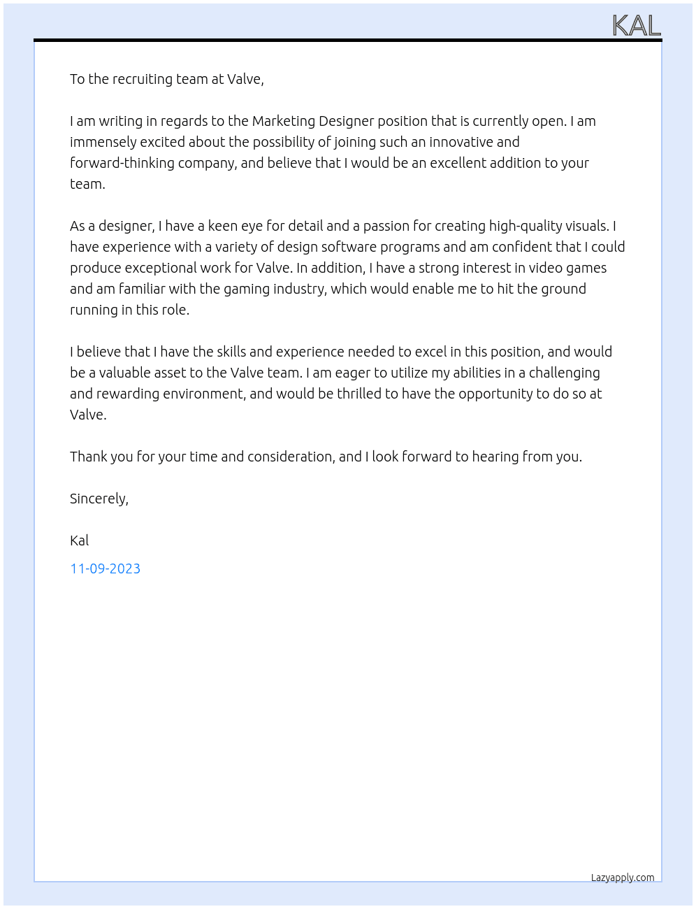 Marketing Designer At Valve Cover Letter