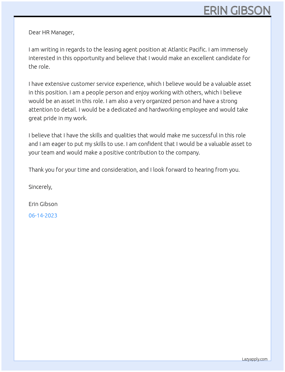leasing agent  with customer service experience At atlantic pacific Cover Letter