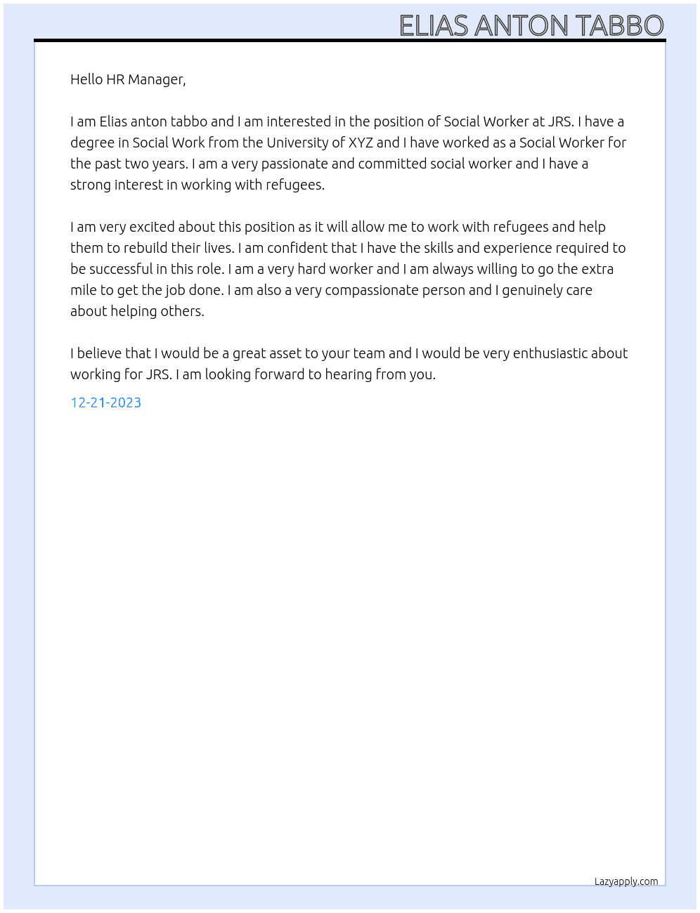 Social Worker At JRS Cover Letter