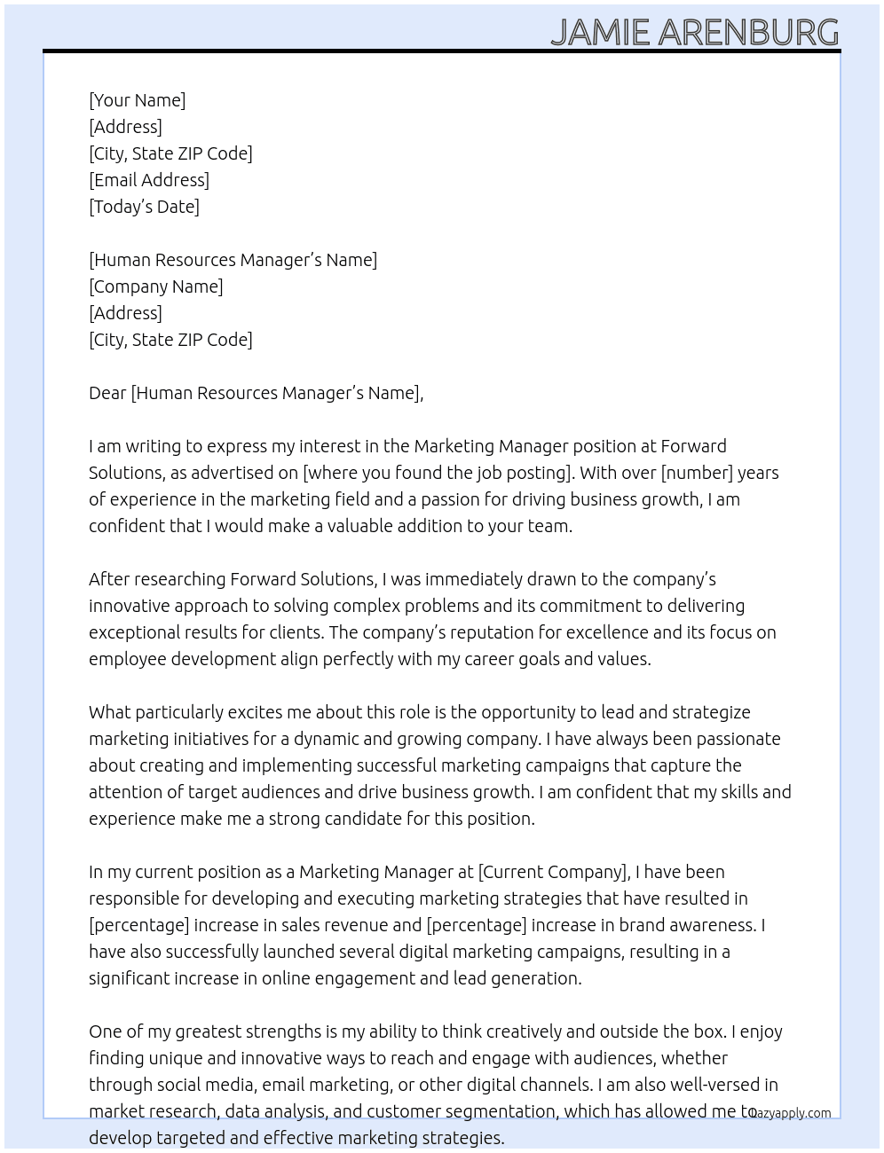 Marketing Manager At Forward Solutions Cover Letter