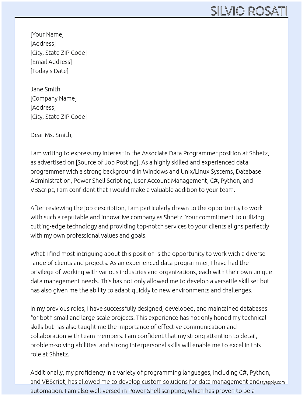 Associate Data Programmer At Shhetz Cover Letter