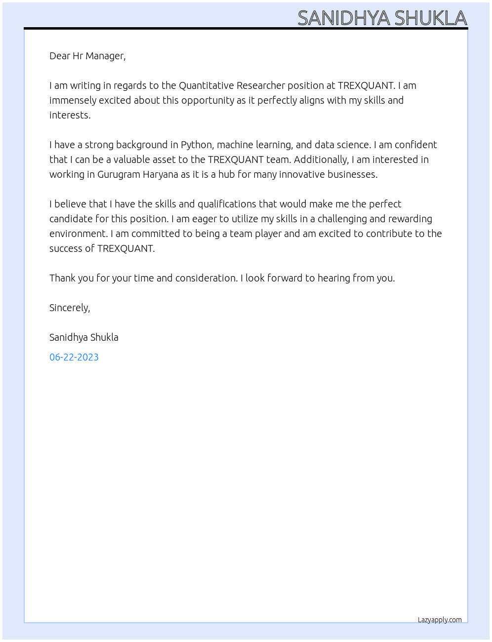 Quantitative Researcher At TREXQUANT Cover Letter