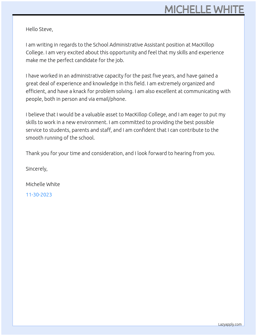 School Administrative Assistant At MacKillop College Cover Letter