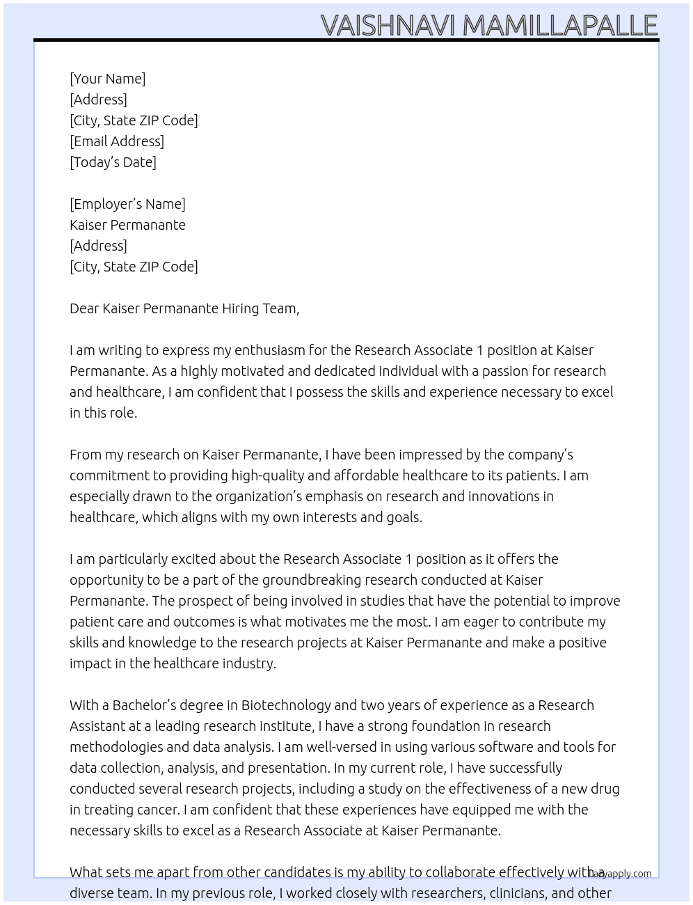 Research Associate 1 At Kaiser Permanante Cover Letter