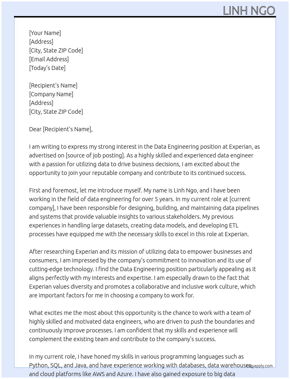 Data Engineering At Experian Cover Letter