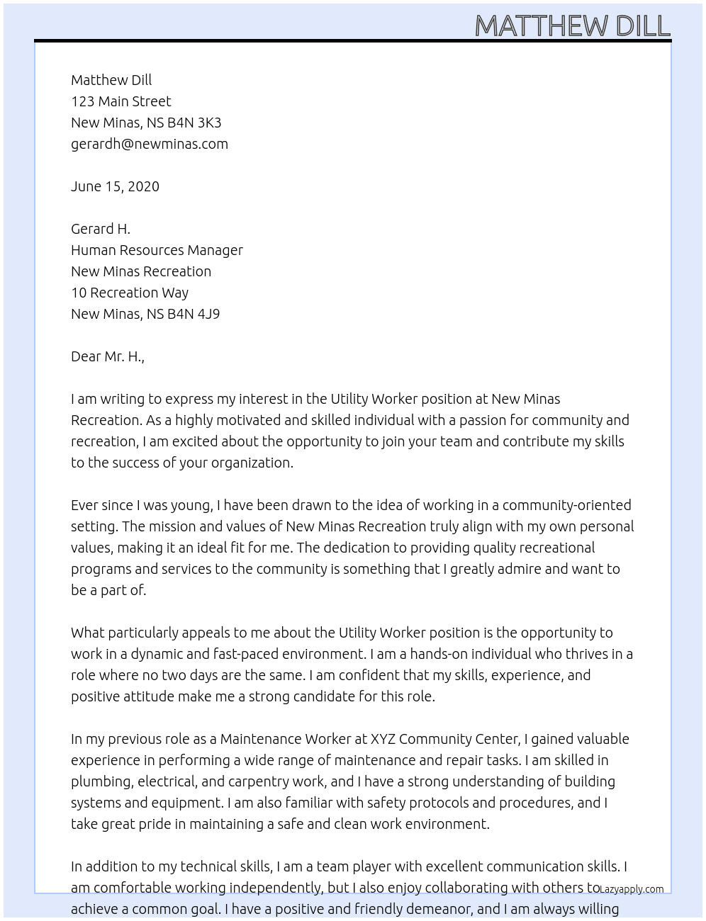 utility worker At new minas recreation Cover Letter