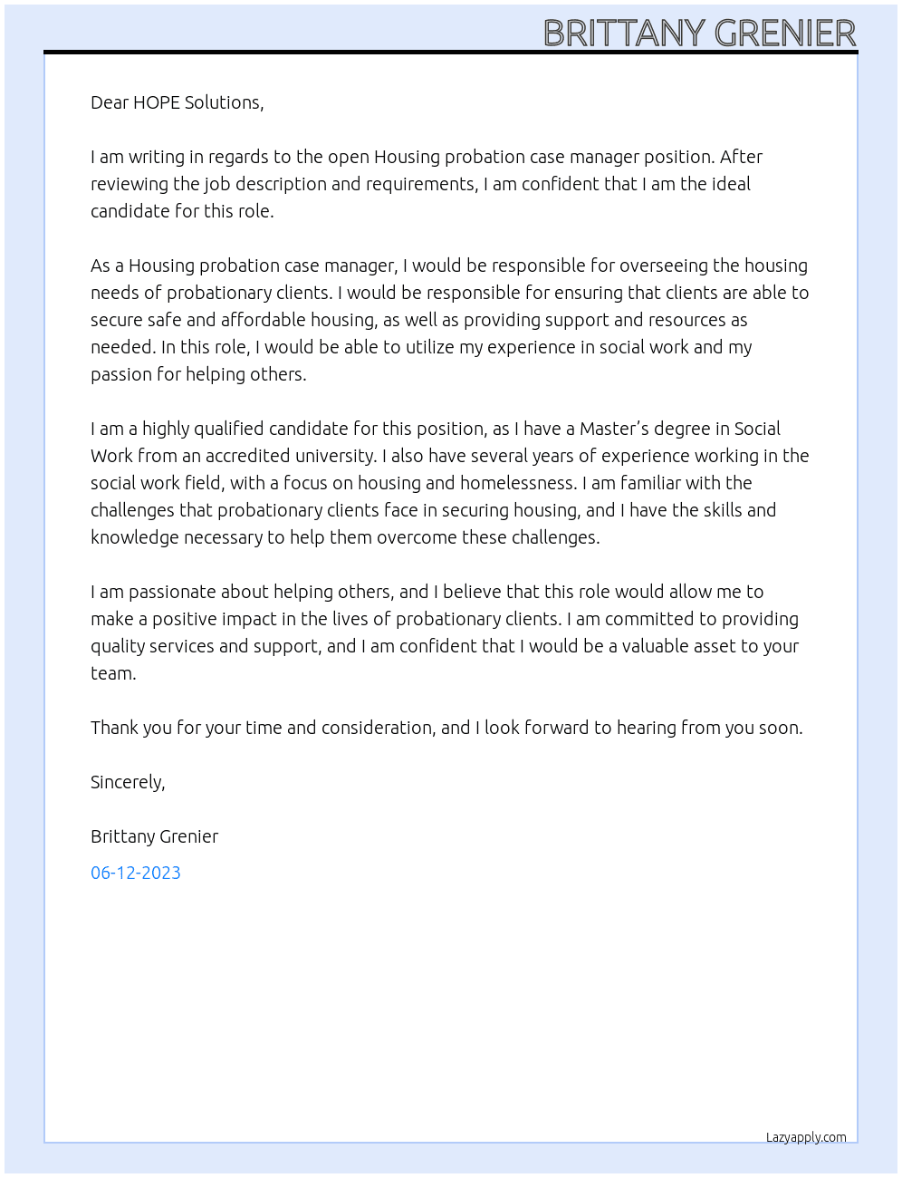 Housing probation case manager At HOPE Solutions Cover Letter