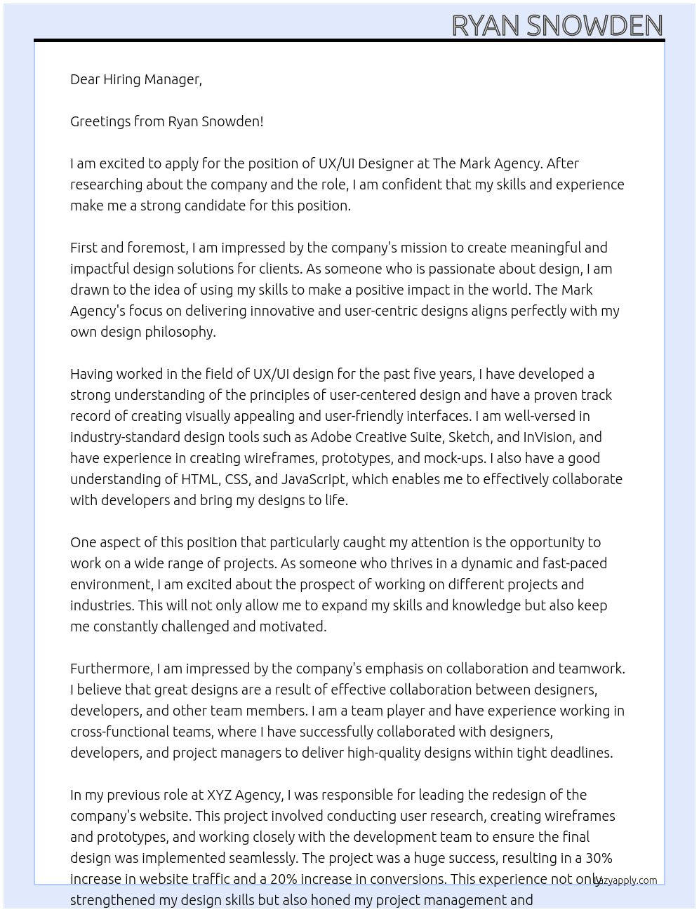 UX/UI Designer At The Mark Agency Cover Letter