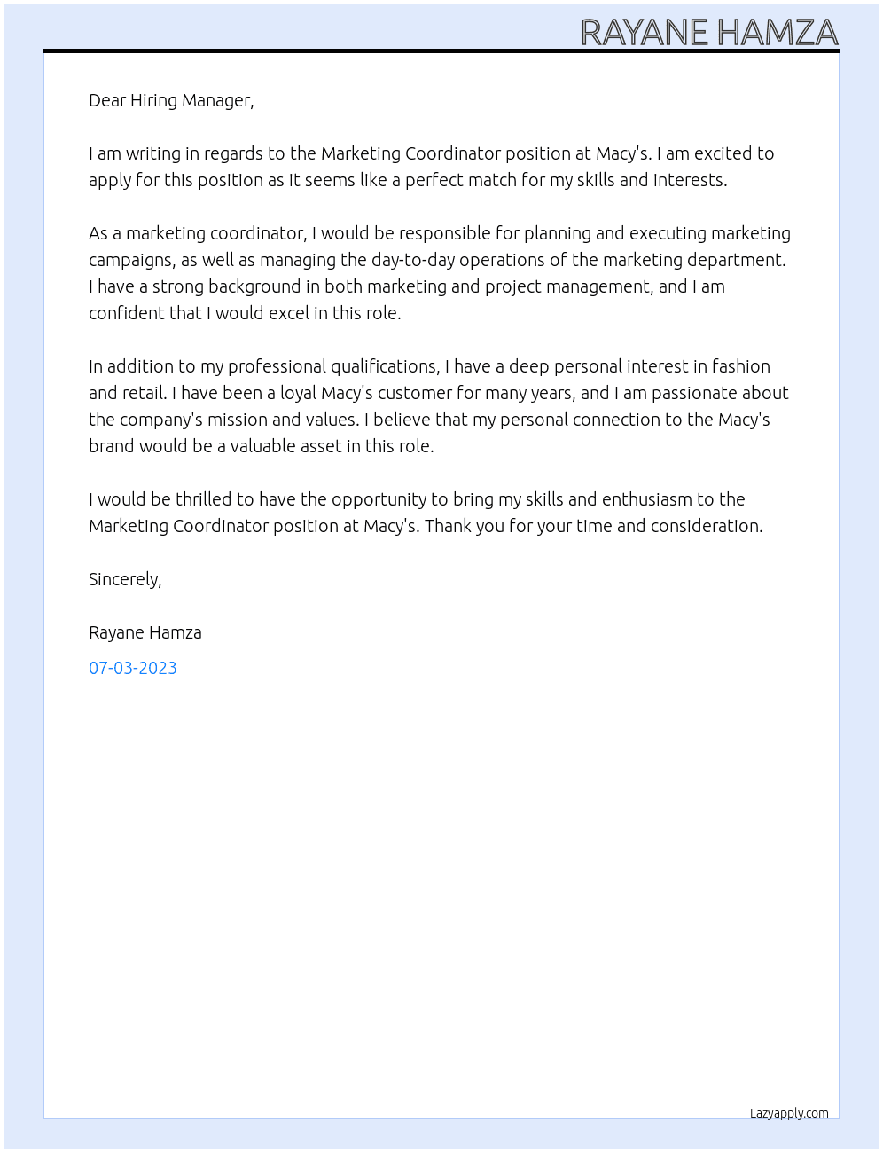 Marketing Coordinator At Macy's Cover Letter