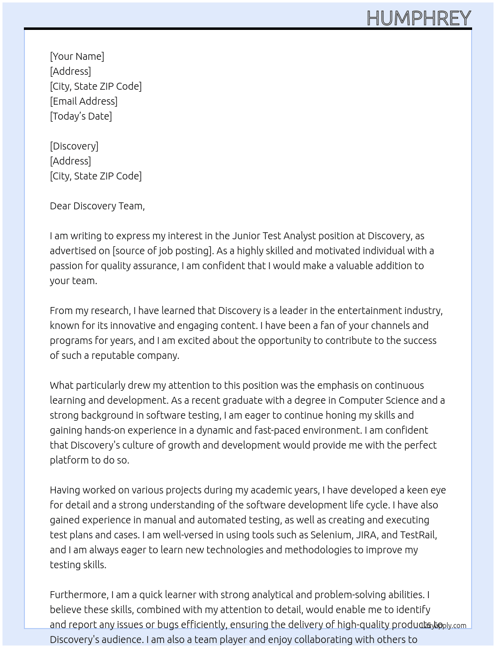 Junior Test Analyst At Discovery Cover Letter