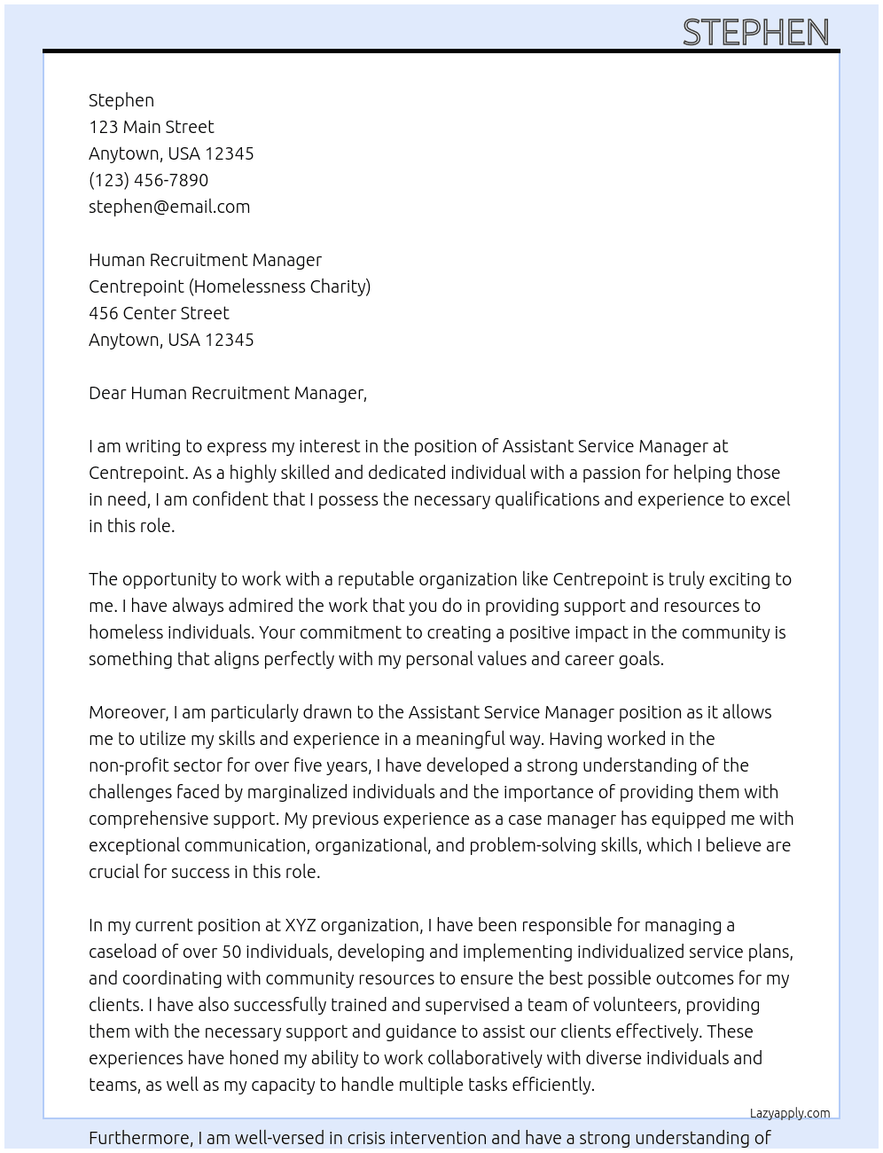 Assistant Service Manager At Centrepoint ( homelessness Charity ) Cover Letter