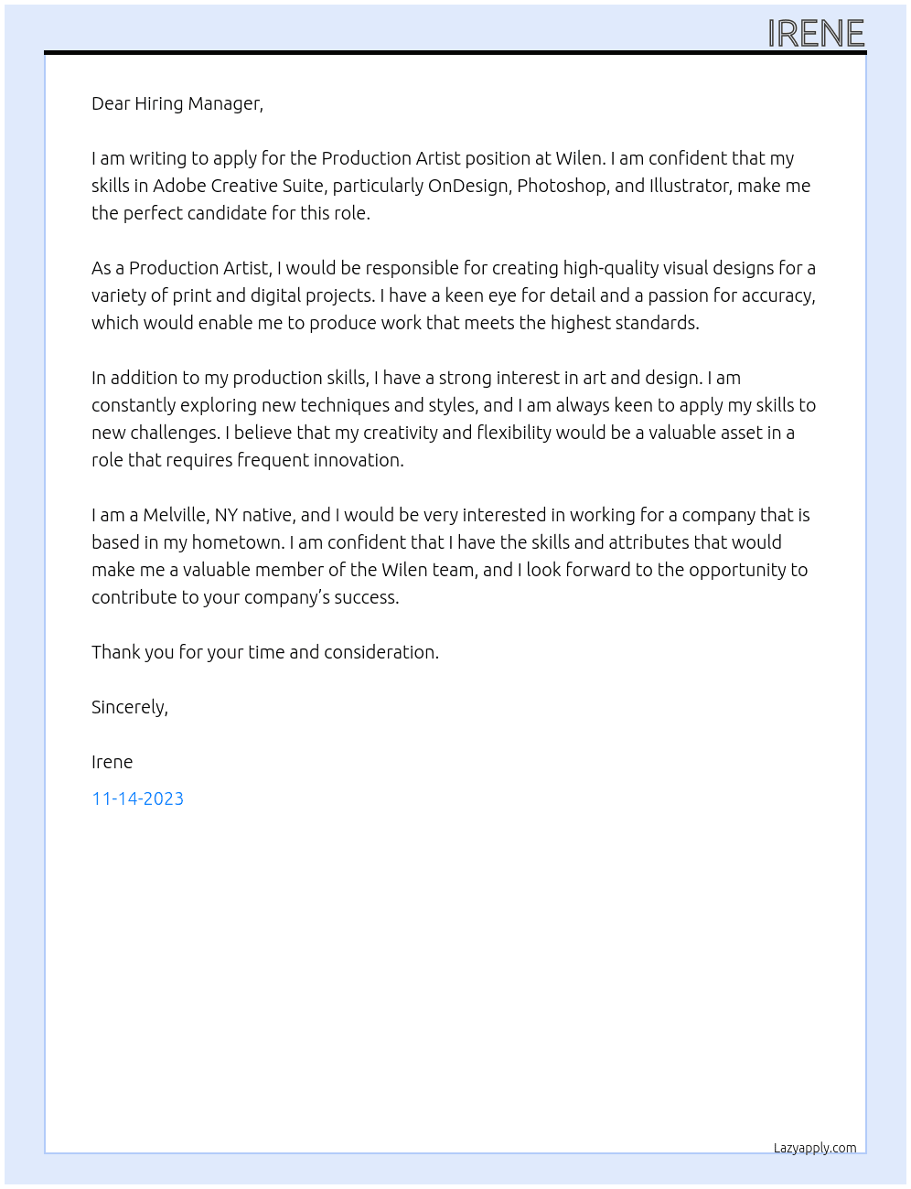 Production artist At Wilen Cover Letter