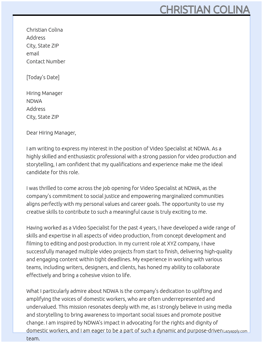 Video Specialist  At NDWA Cover Letter