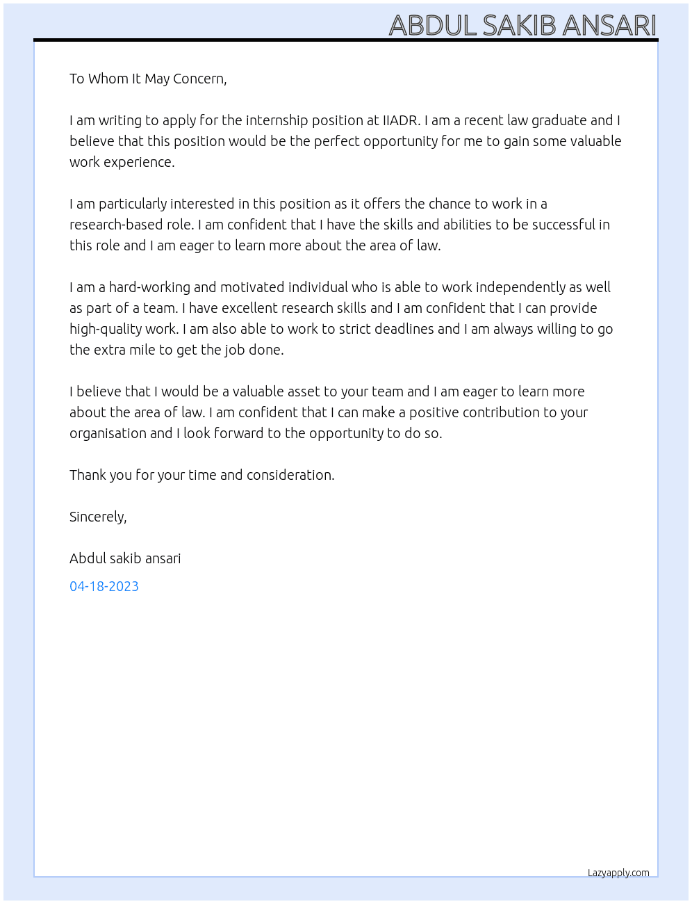 Inter ship At Iiadr Cover Letter