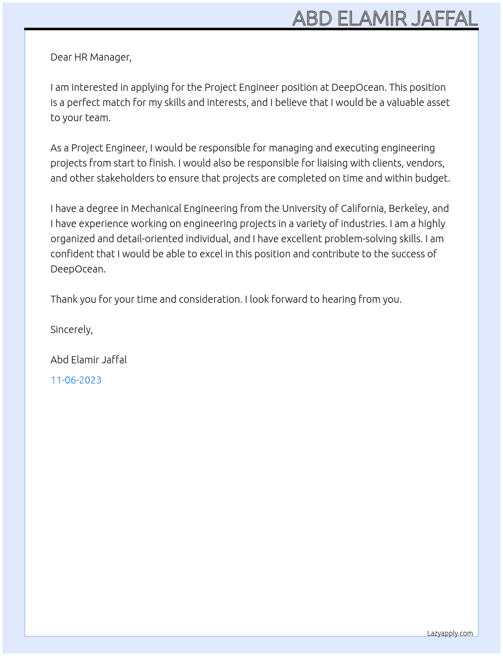 Project Engineer At DeepOcean Cover Letter