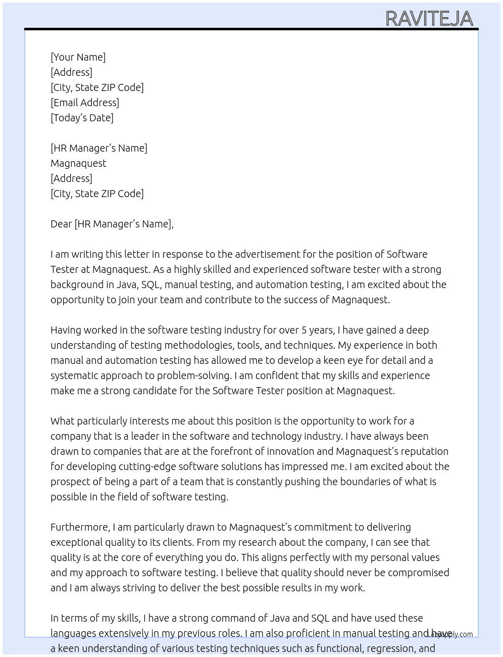 Software tester At Magnaquest Cover Letter