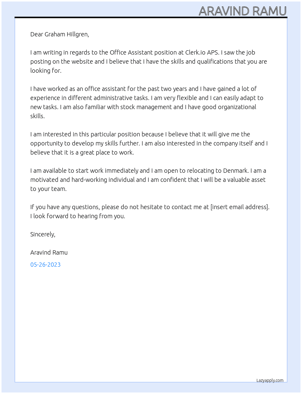Office Assistant  At Clerk.io APS Cover Letter