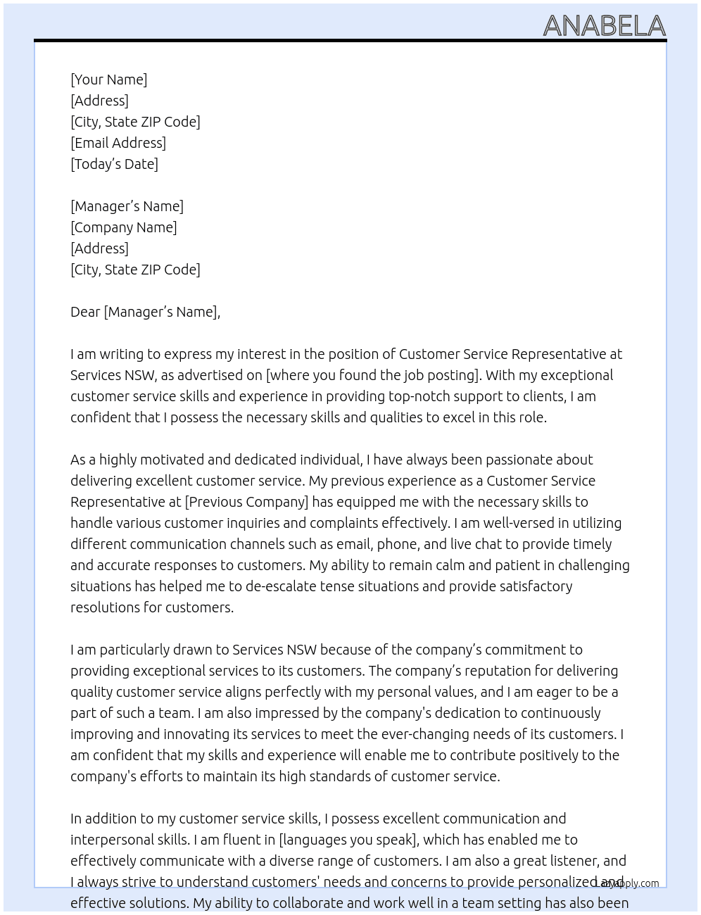 Customer Service Representative At Services NSW Cover Letter
