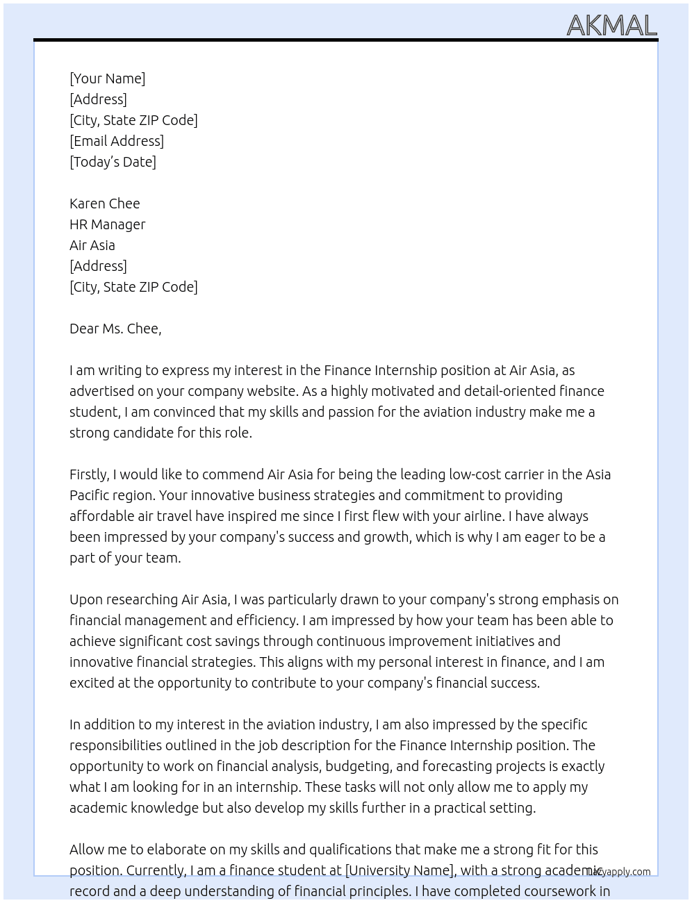 Finance Internship At Air Asia Cover Letter
