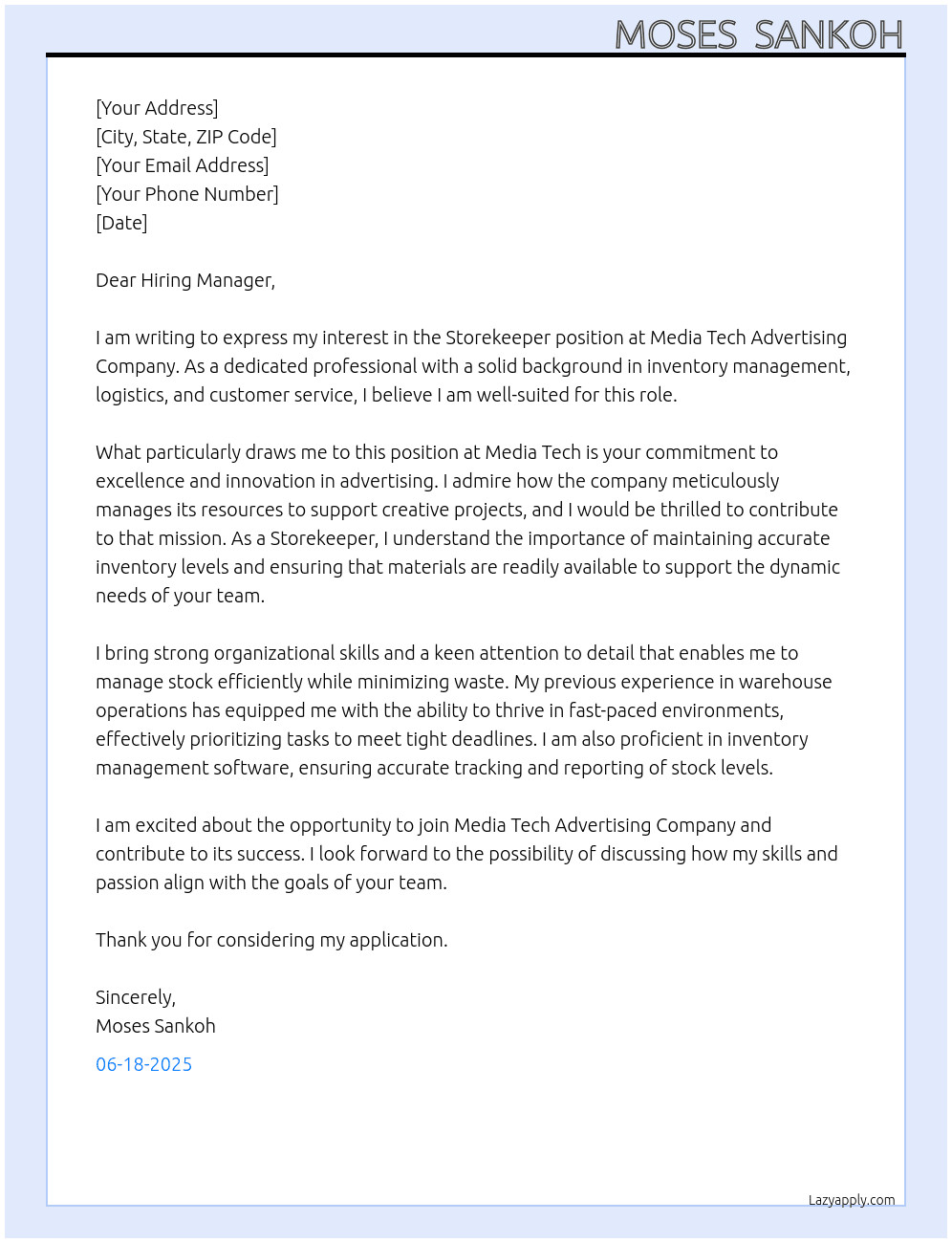 Storekeeper At Media Tech Advertizing Company Cover Letter