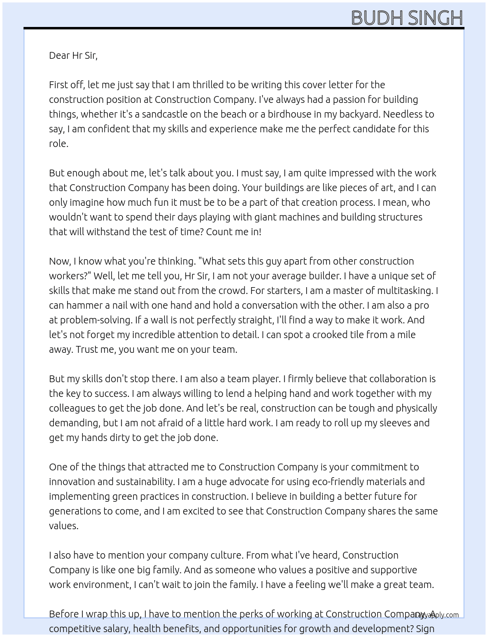 Construction At Construction compny Cover Letter