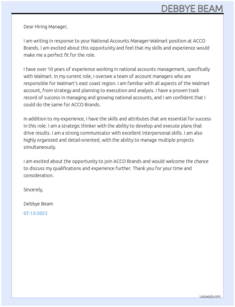 National Accounts Manager-Walmart At ACCO Brands Cover Letter