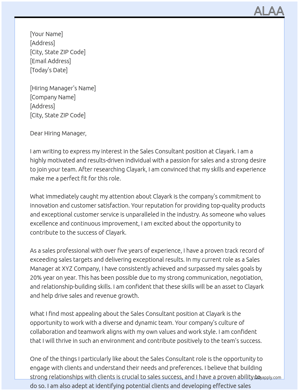 Sales consultant  At Clayark  Cover Letter