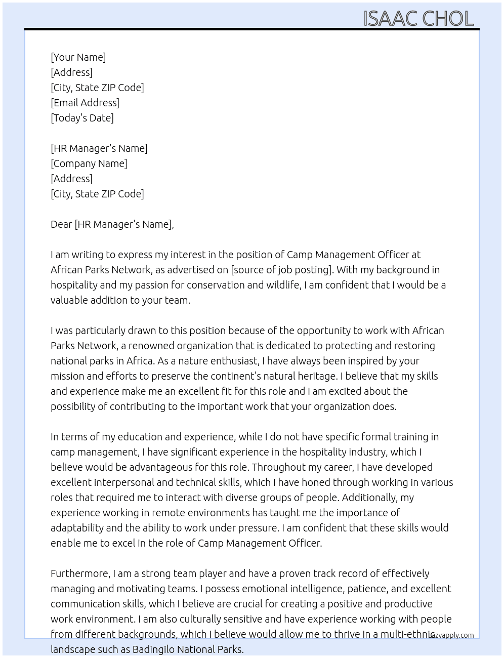 Camp Management Officer At African Parks Network  Cover Letter