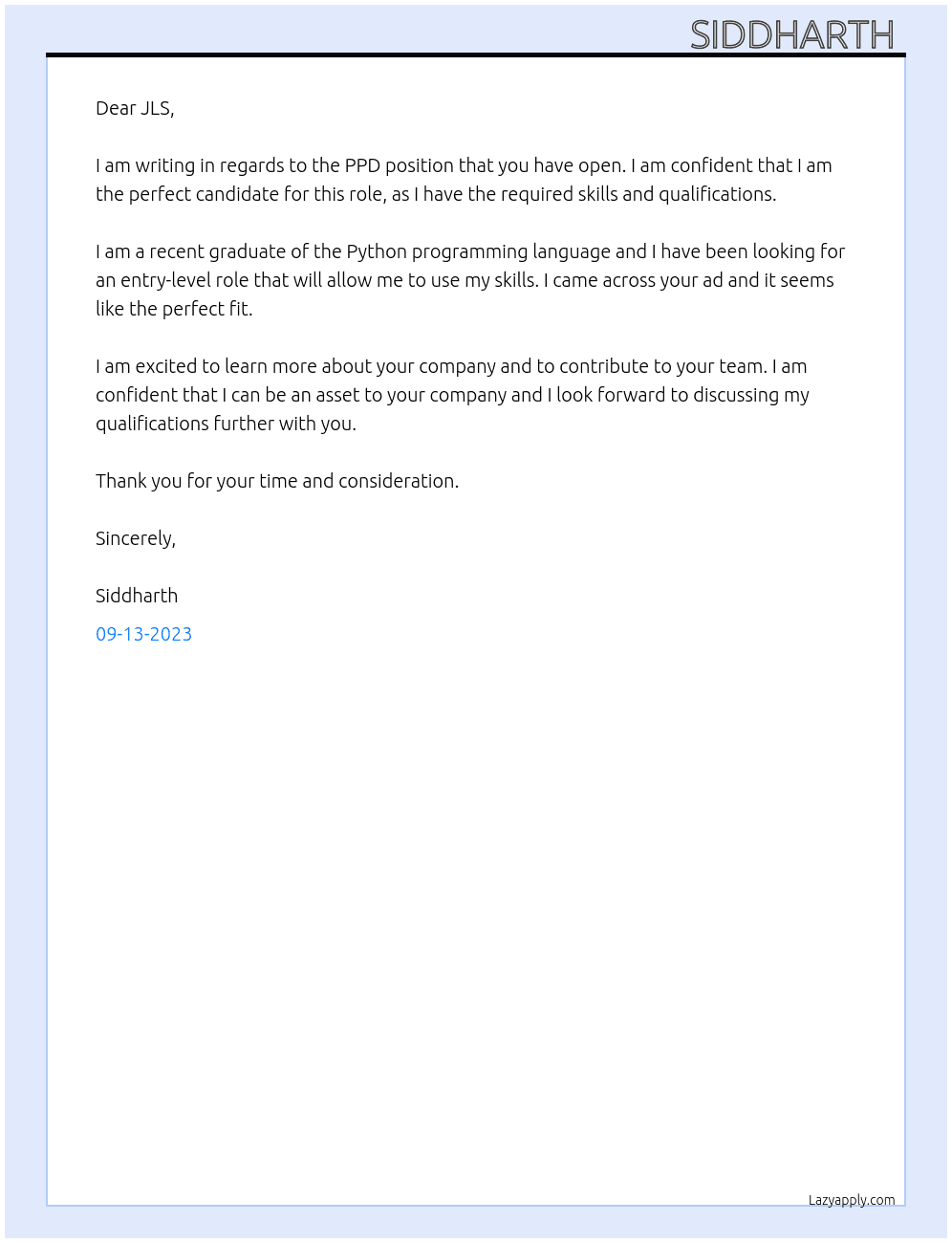PPD At JLS Cover Letter