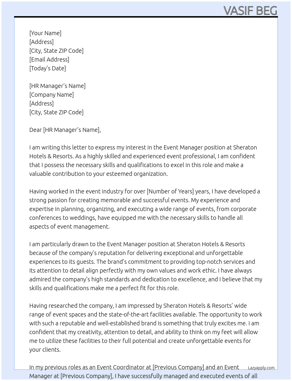 Event Manager At Sheraton Hotels & Resorts Cover Letter
