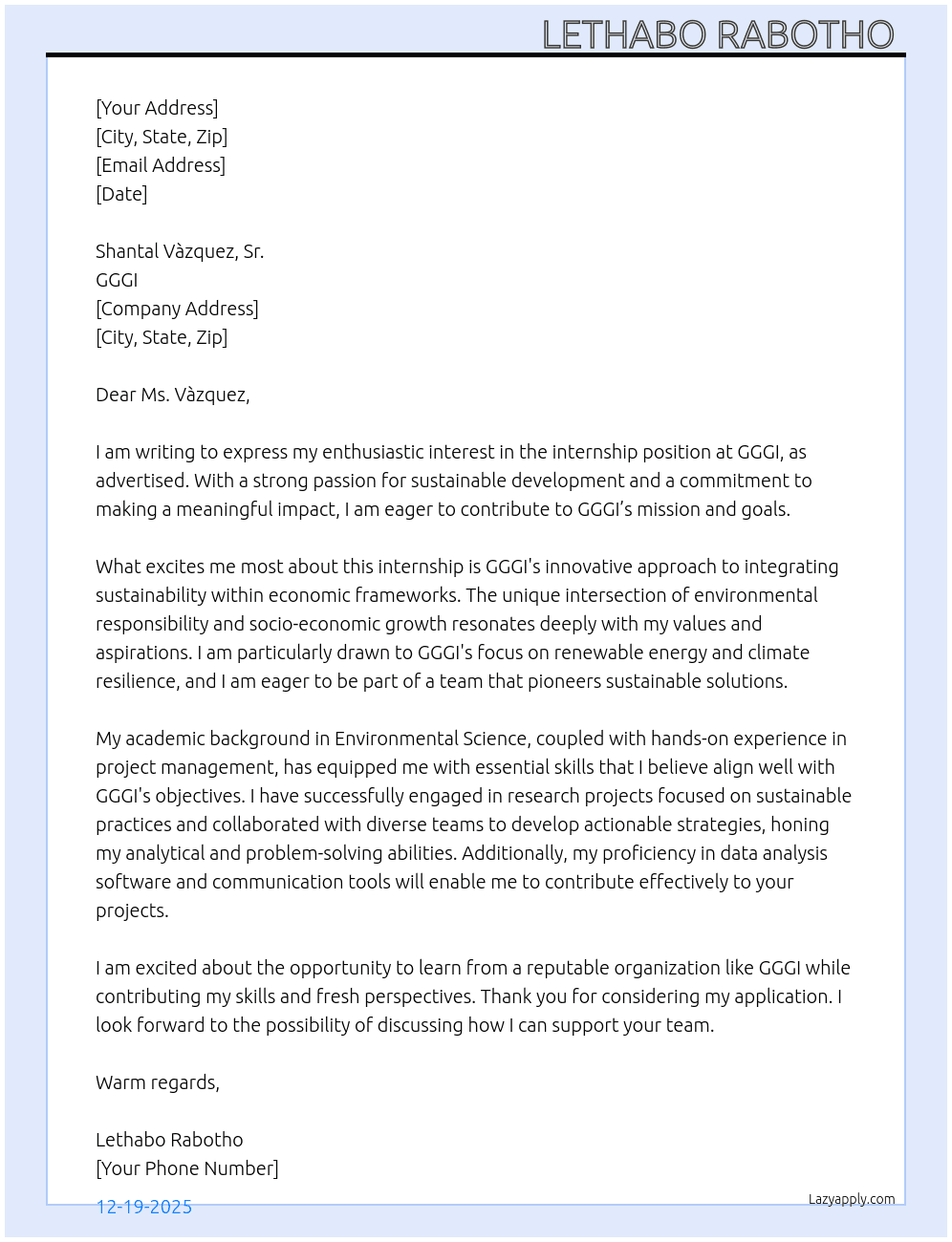 Internship  At GGGI Cover Letter