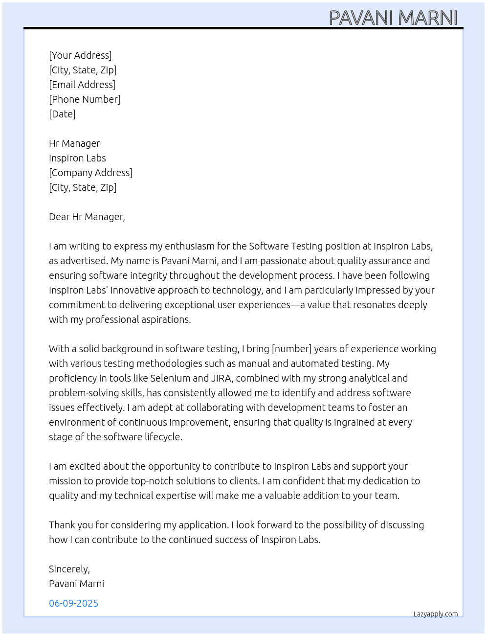 Software Testing  At Inspiron labs Cover Letter
