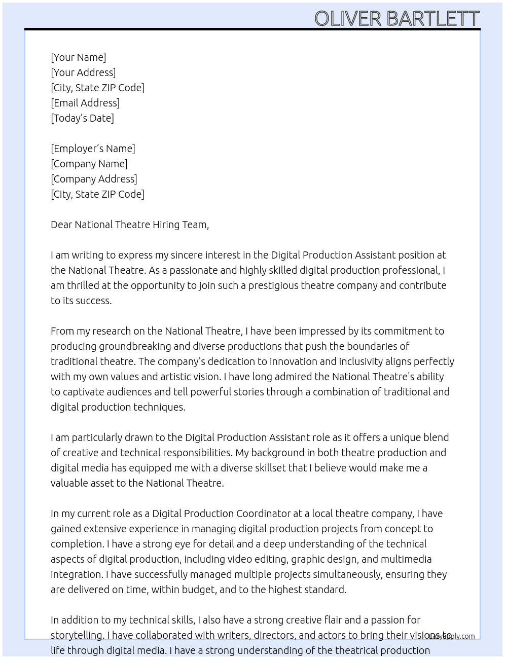 Digital Production Assistant At National Theatre Cover Letter