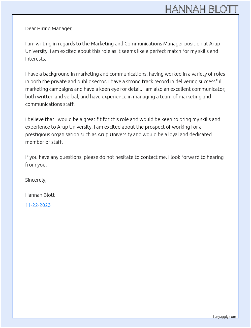 Marketing and Communications Manager  At Arup University Cover Letter