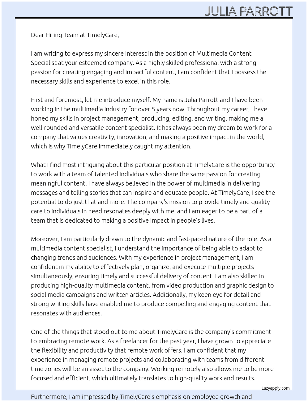 Multimedia Content Specialist At TimelyCare Cover Letter
