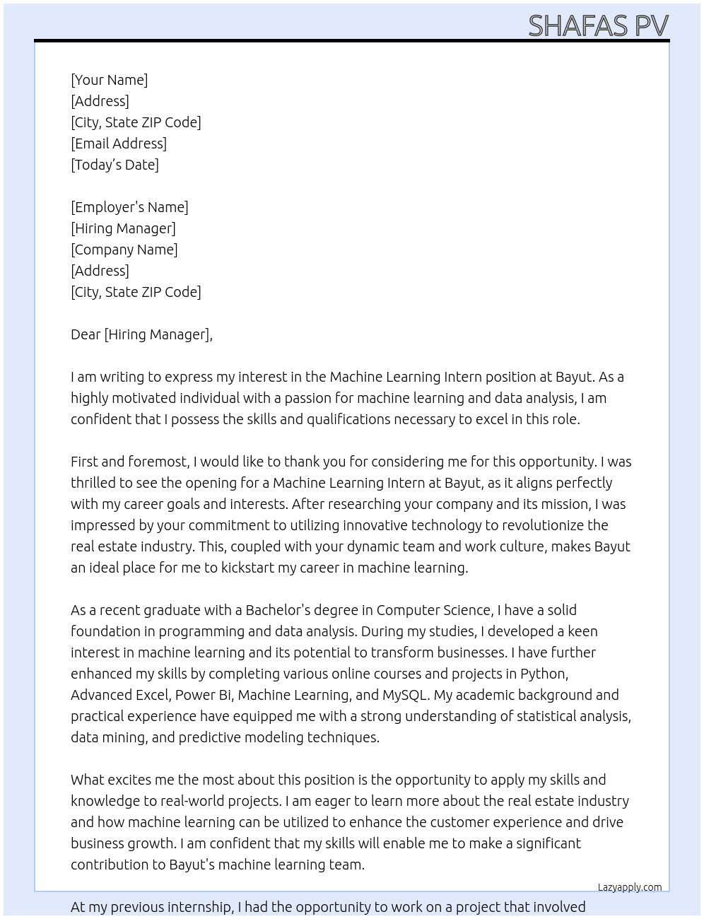 machine learning Intern At Bayut Cover Letter