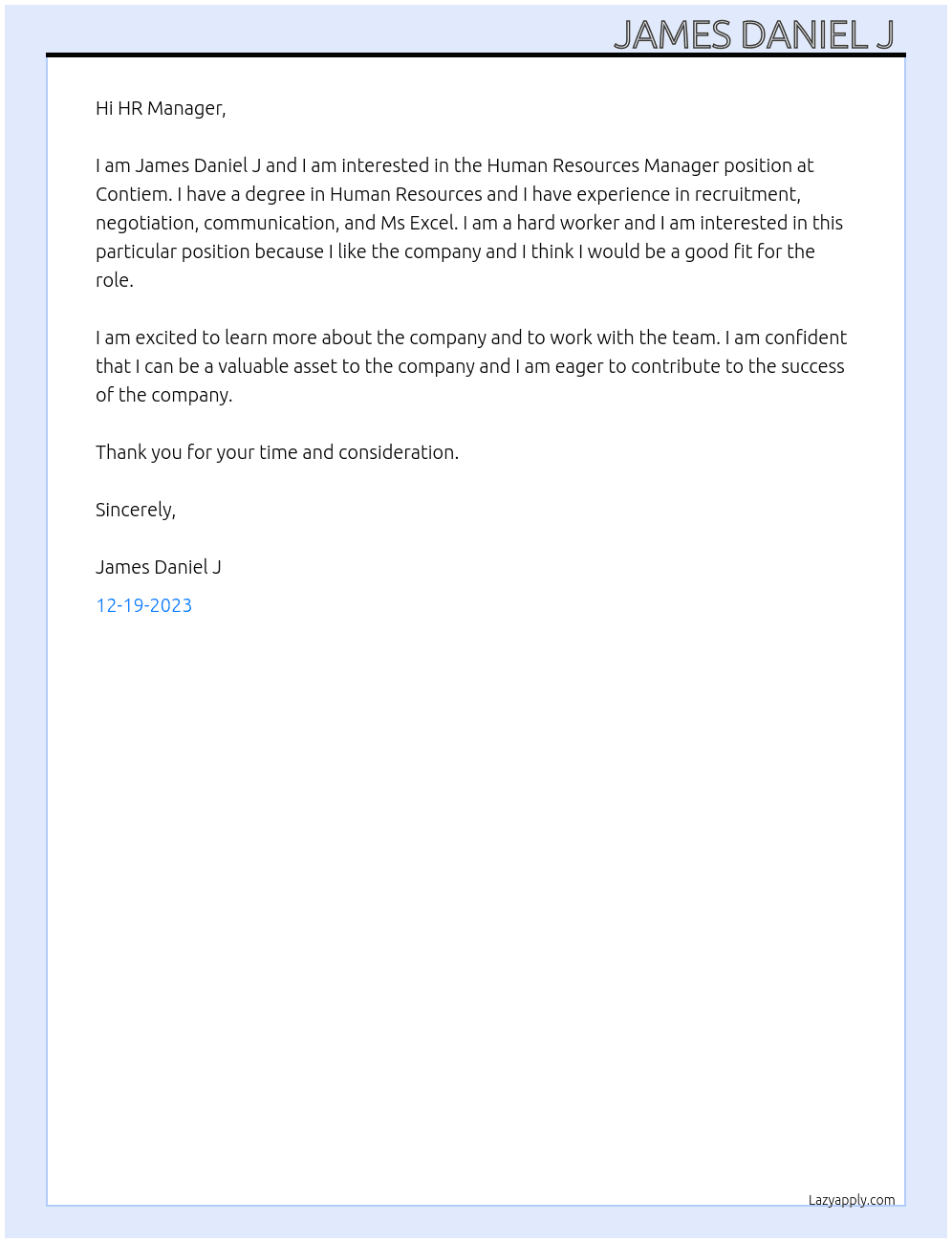 Human Resources Manager At Contiem Cover Letter