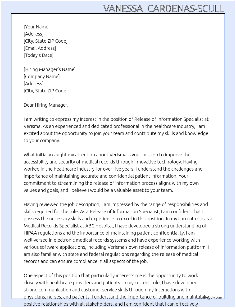 Release of information specialist At Verisma Cover Letter