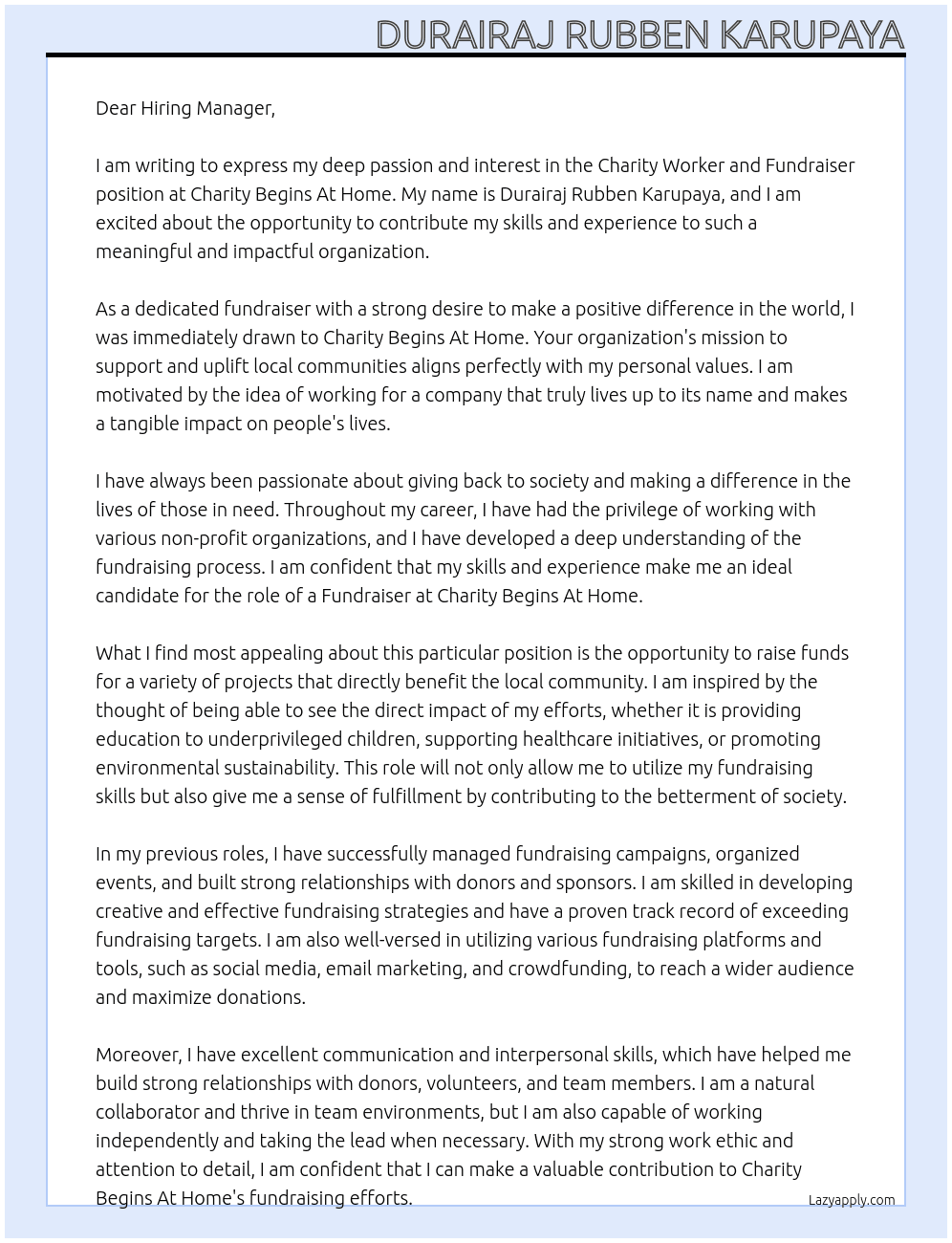 Charity Worker and Fundraiser At Charity Begins At Home Cover Letter