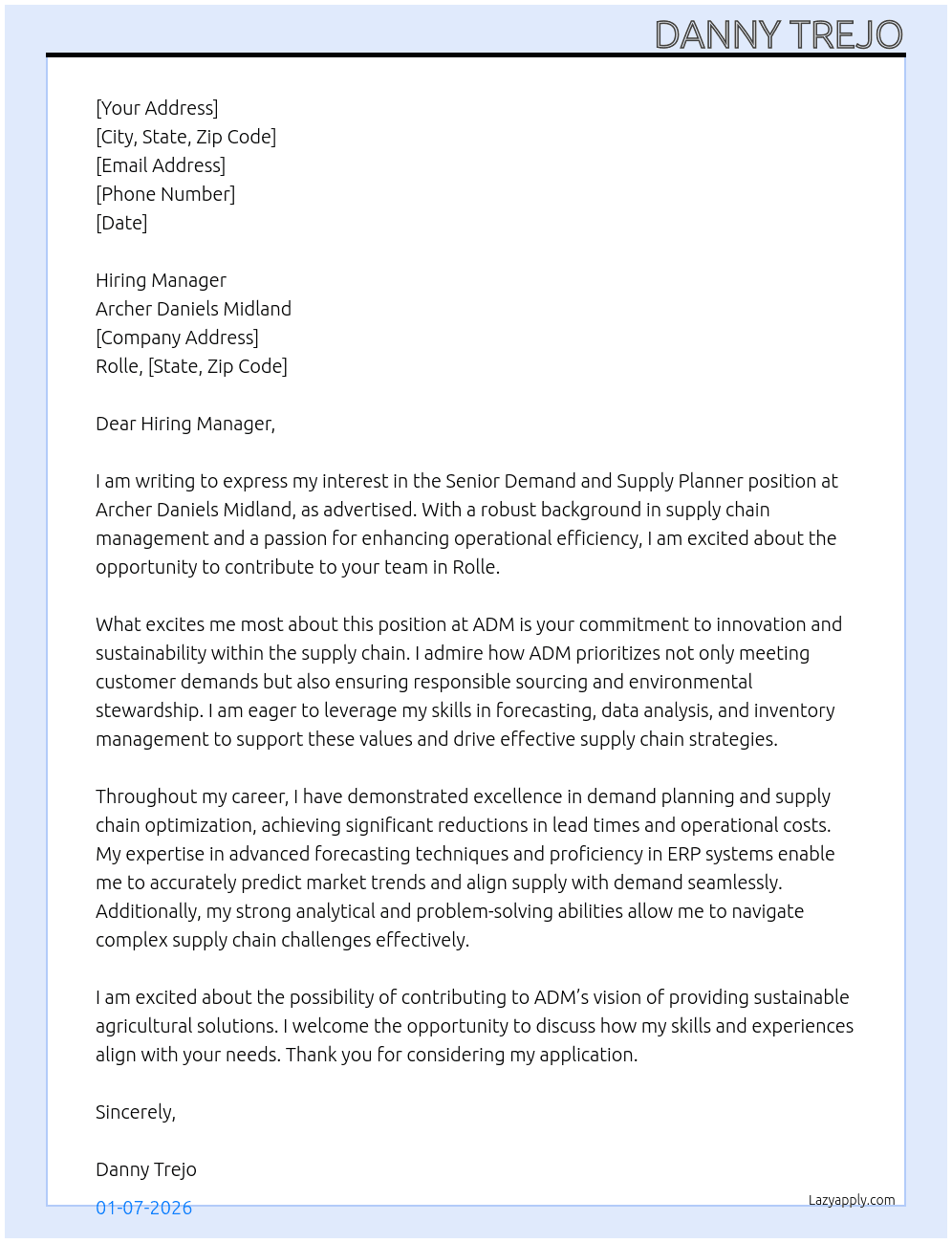 Senior Demand and Supply Planner At Archer Daniels Midland Cover Letter