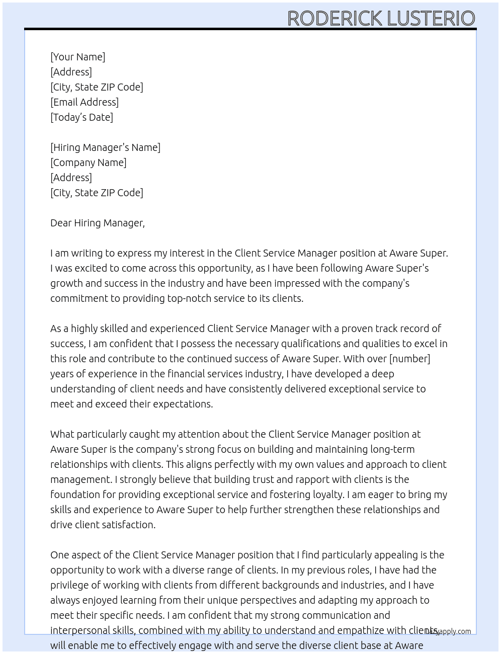 Client Service Manager At Aware Super Cover Letter