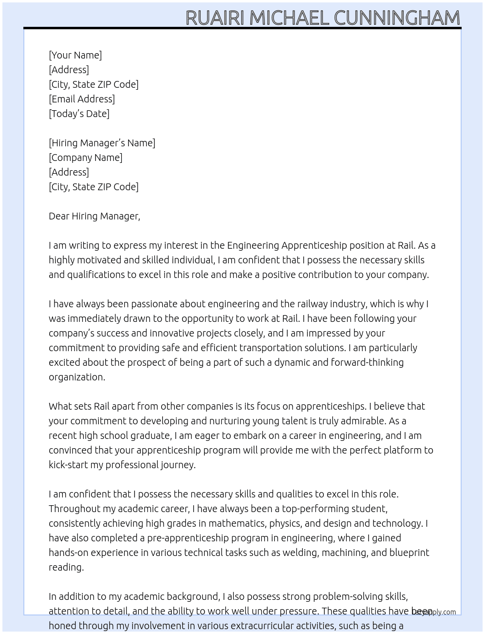 engineering apprenticeship  At rail Cover Letter