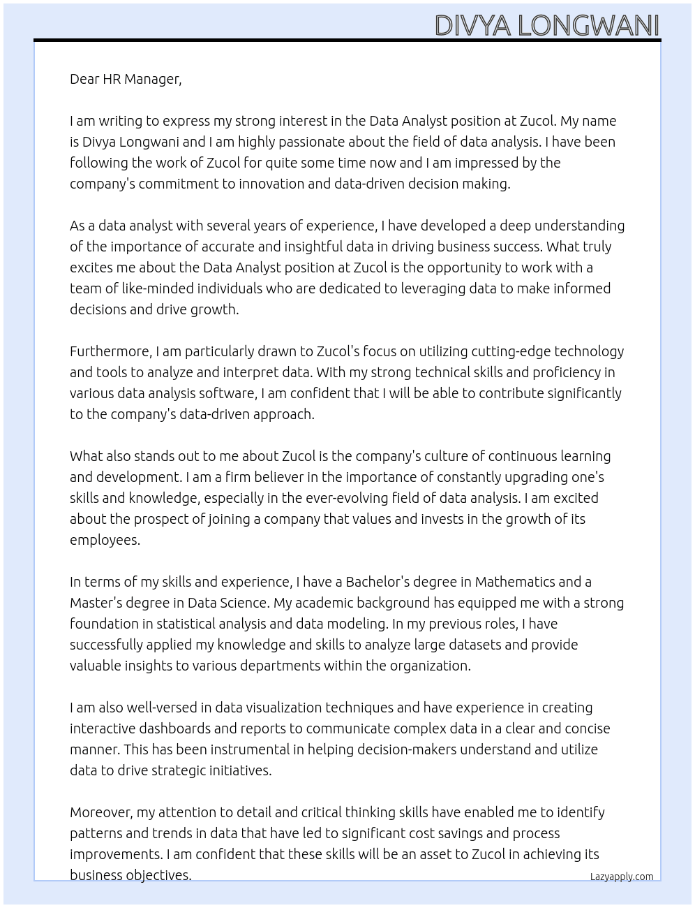 data analyst At zucol Cover Letter