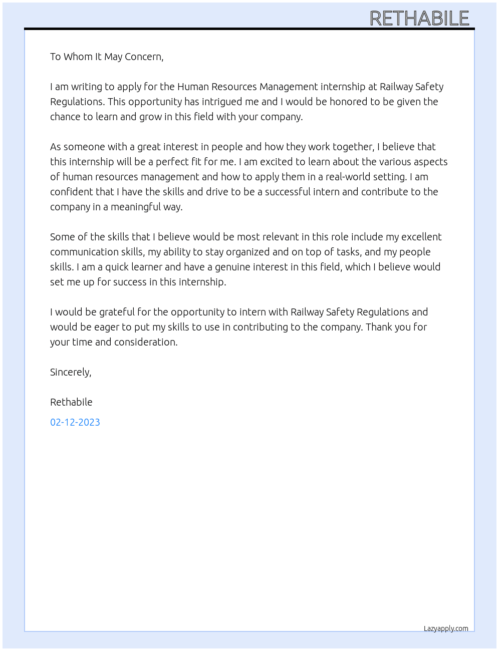 Human resources Management internship  At Railway safety regulations  Cover Letter