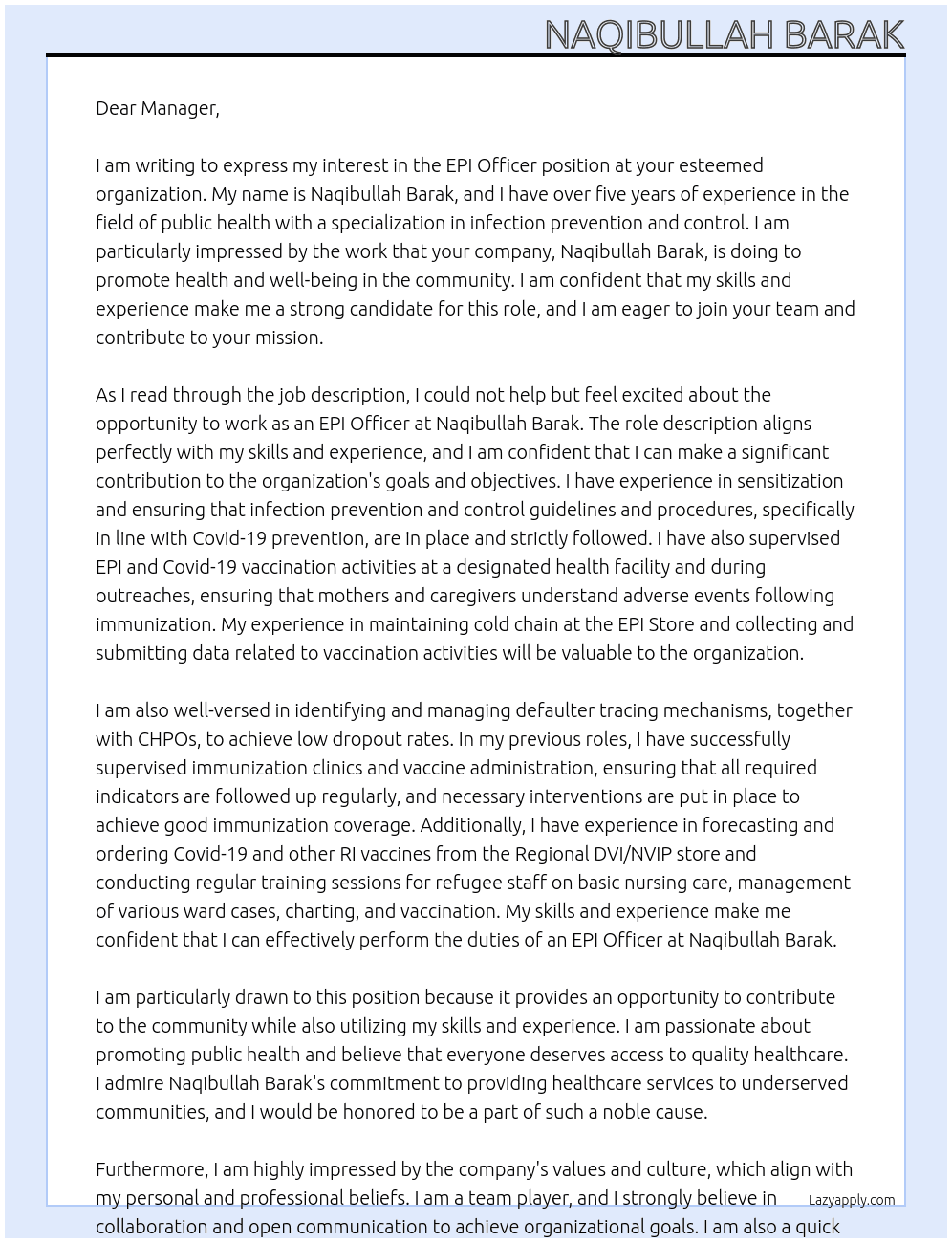 EPI Officer At Naqibullah Barak Cover Letter