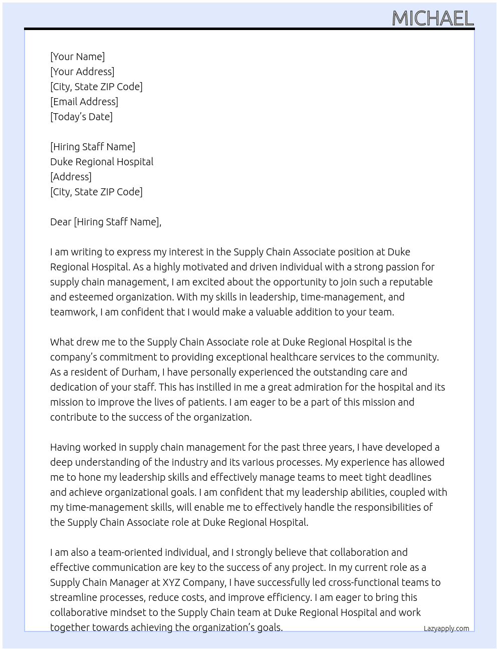 Supply Chain Associate At Duke Regional Hospital Cover Letter