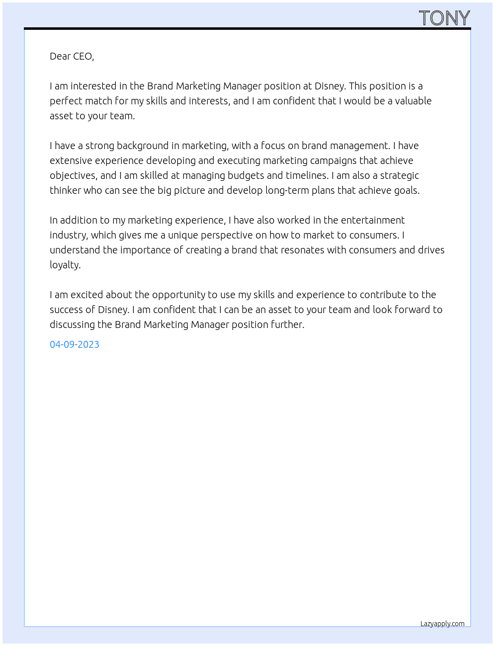 Brand Marketing Manager At Disney Cover Letter