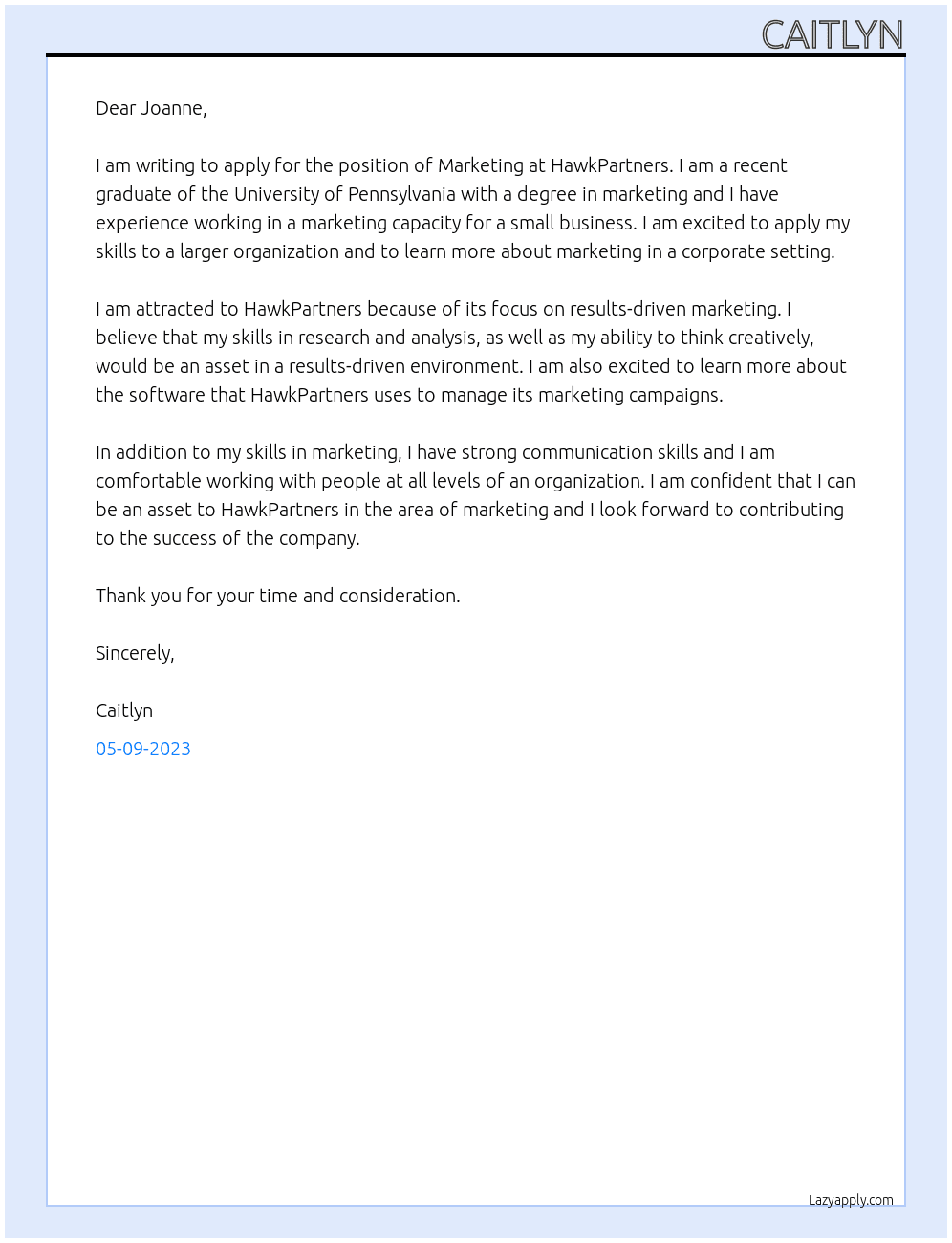 Marketing At HawkPartners Cover Letter