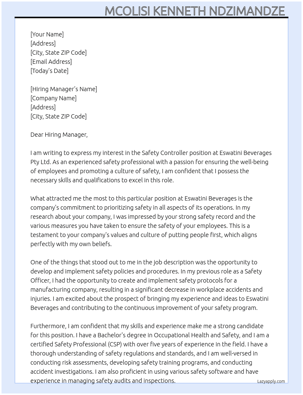 Cover letter for safety controller - LazyApply