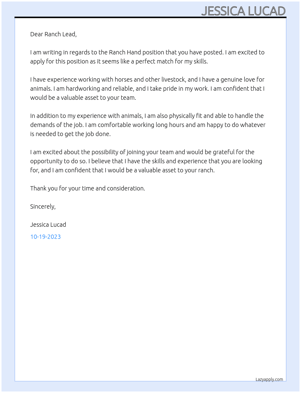 Ranch Hand At Ranch  Cover Letter